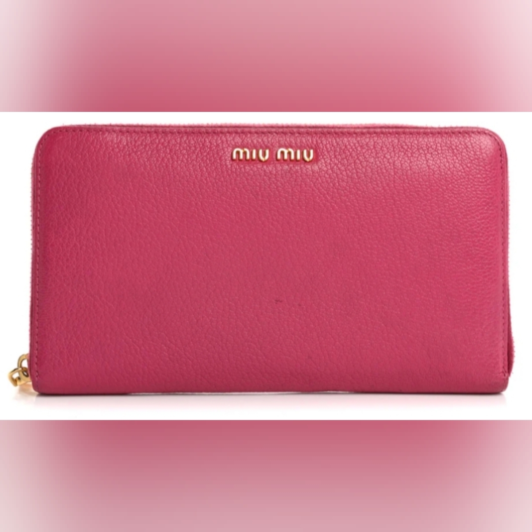 Pink Leather Miu Miu Madras Zip Wallet With Box